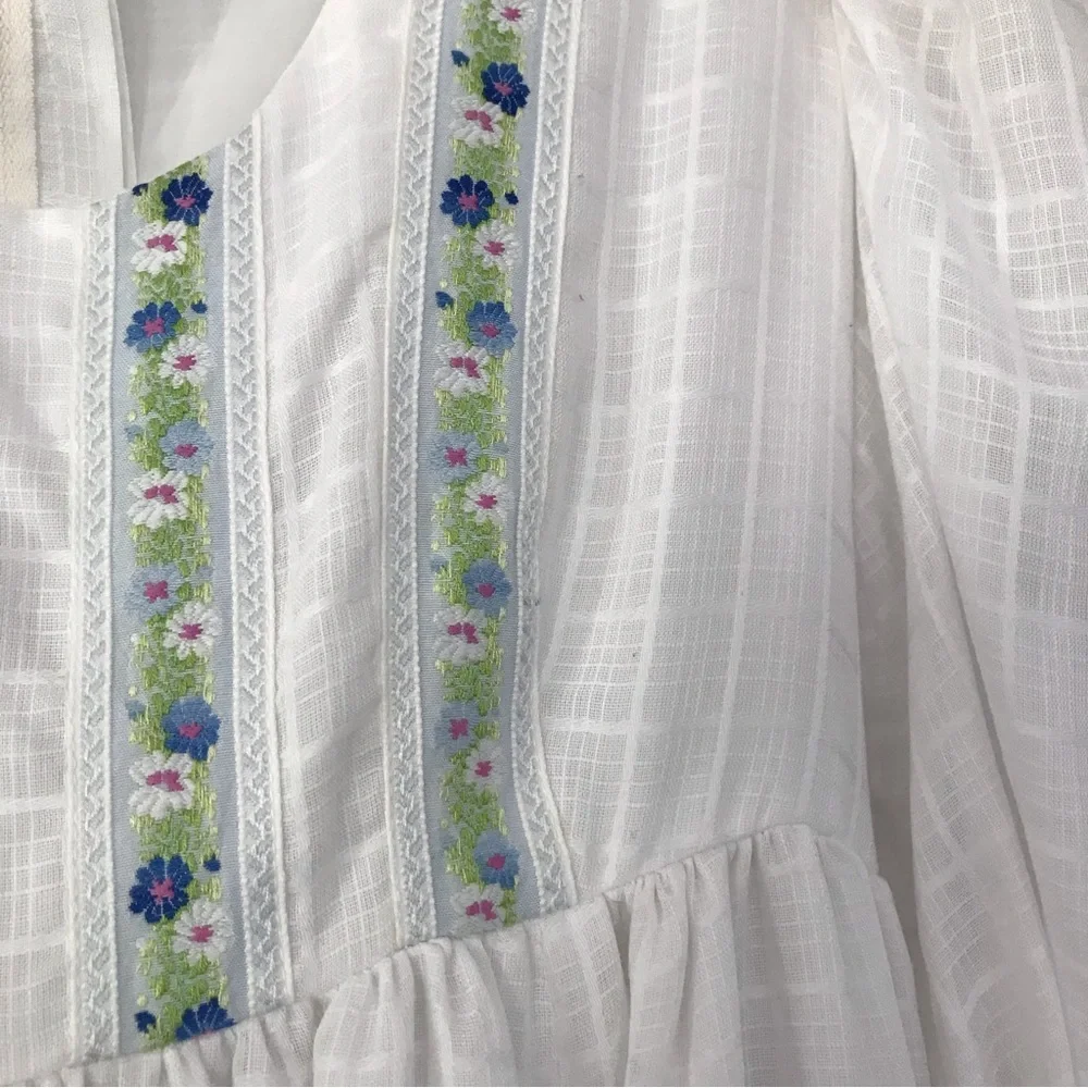 Vintage Dress Womens Embroidered Long Sleeve Puff Cottage Core Prairie 70s sheer - Picture 3 of 10